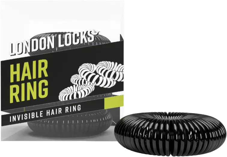 A black London Locks invisible hair ring beside its Hair Ring pack