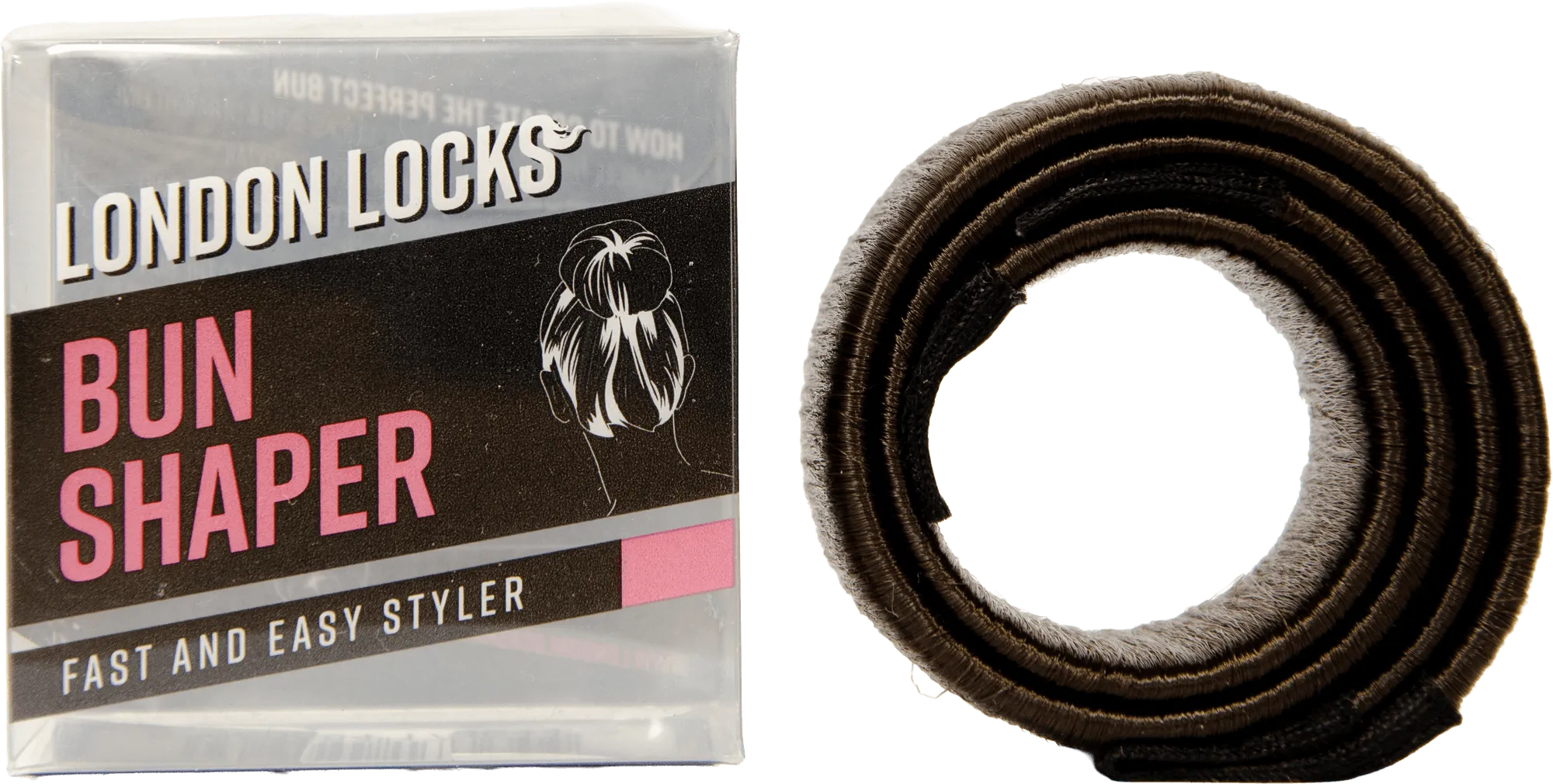 The London Locks Bun Shaper pack beside a brown coiled Bun Shaper
