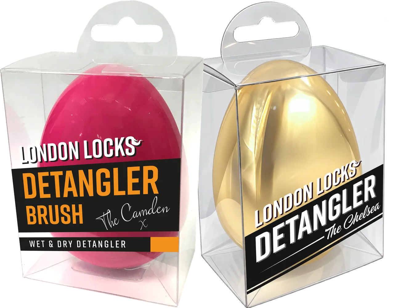 The Camden in pink and The Chelsea in gold, each in its London Locks Detangler Brush box