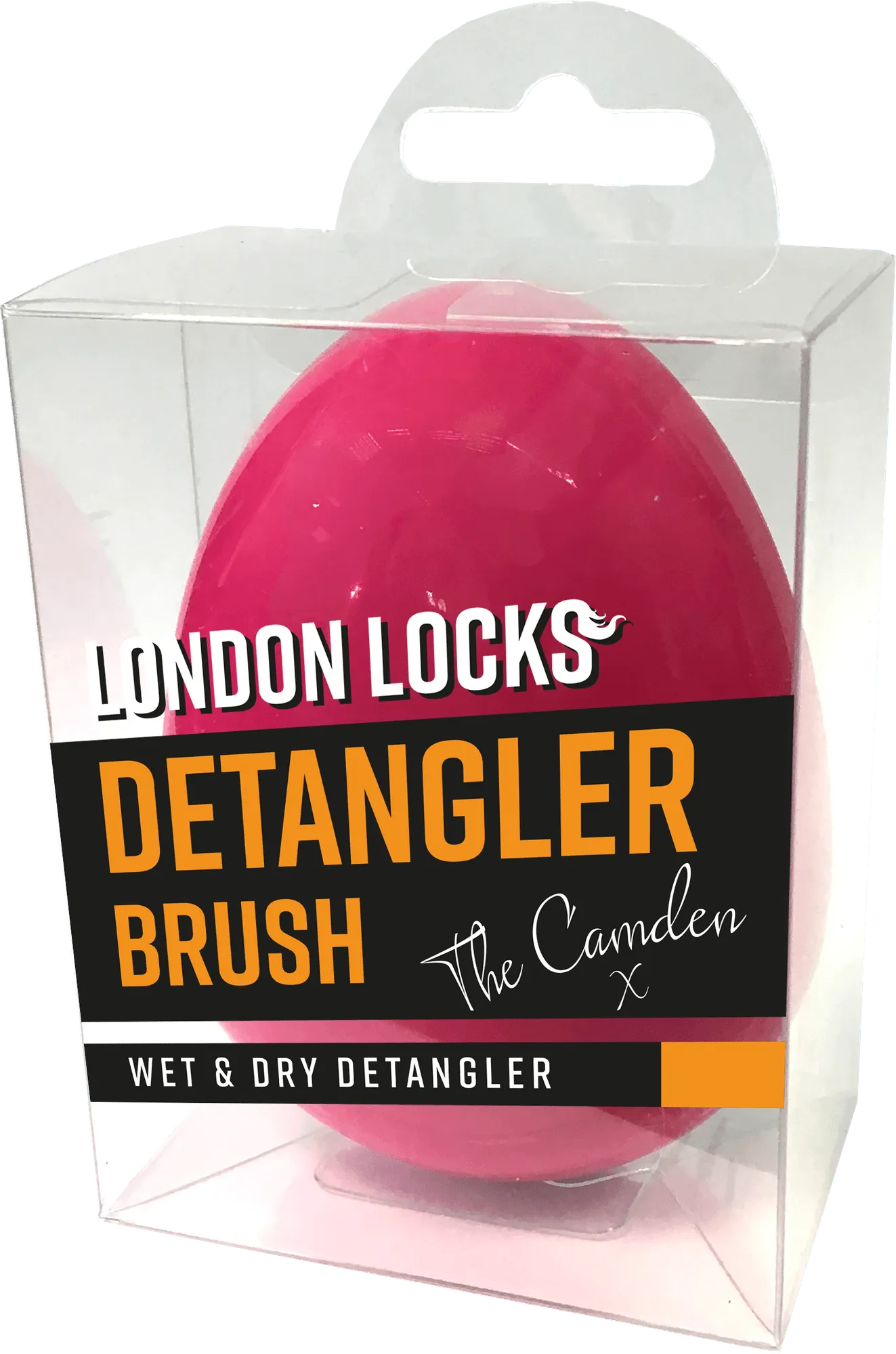 The Camden detangling brush in hot pink, in its clear London Locks Wet & Dry Detangler box