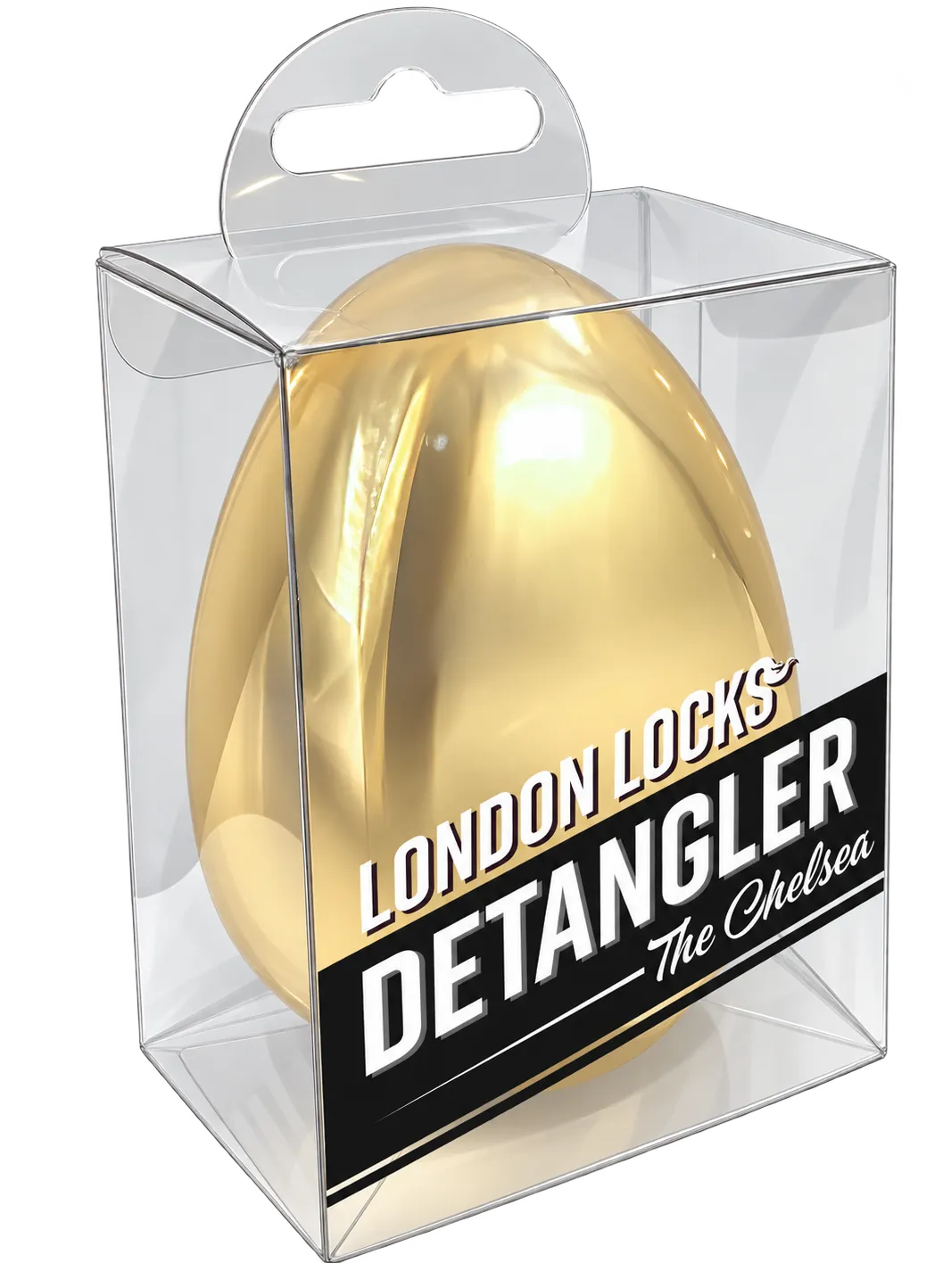The Chelsea detangling brush in glossy gold, in its clear London Locks Detangler box