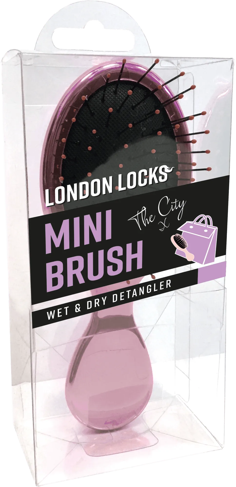 The City mini detangling brush in rose gold, in its London Locks Mini Brush box