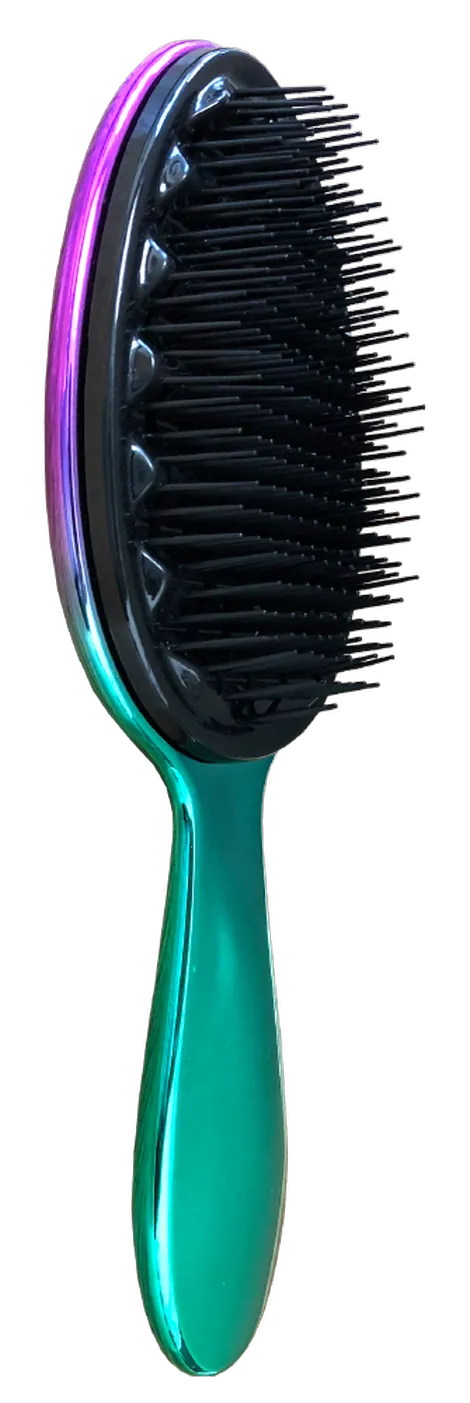 The Hampstead long handled detangler brush with an iridescent purple to teal handle