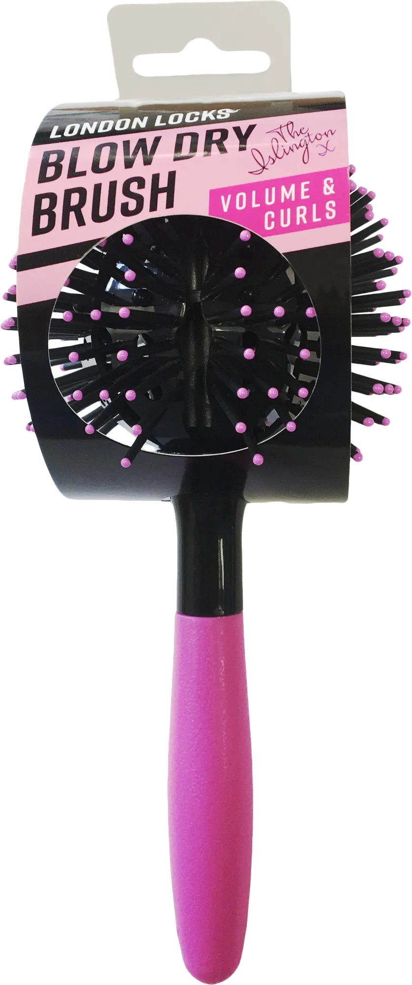 The Islington round vented blow dry brush with a pink handle, in its Blow Dry Brush Volume & Curls packaging
