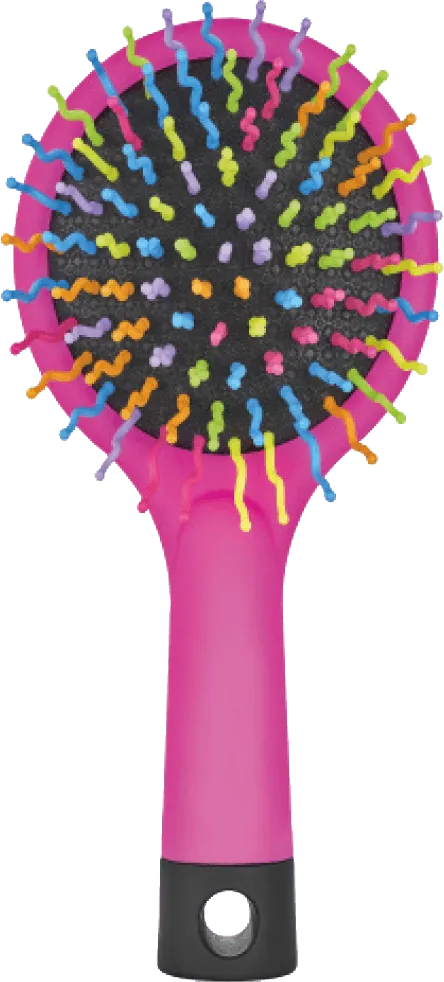 The Rainbow Brush from the front: a pink handle and multicoloured wavy pins